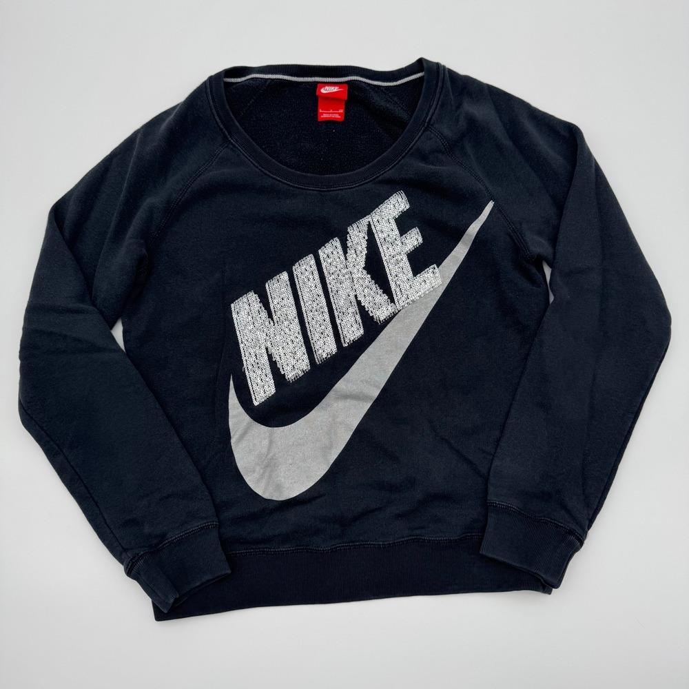 Nike Womens Y2K Sequin Logo Sweatshirt Black Silver Swoosh Crewneck Small